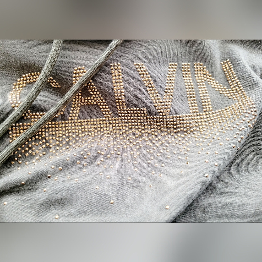 Calvin Klein Khaki/Olive Green Hooded Dress with Gold Logo Stretch Cotton 2X - Picture 10 of 15